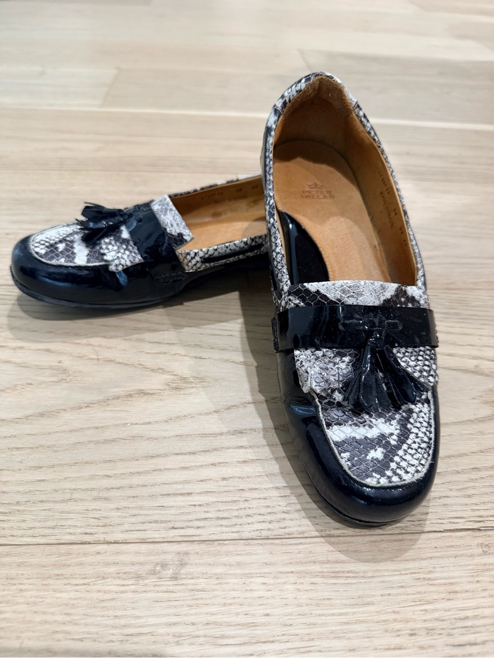 Peter Millar Black and White Snake-Print Tassel Loafers
